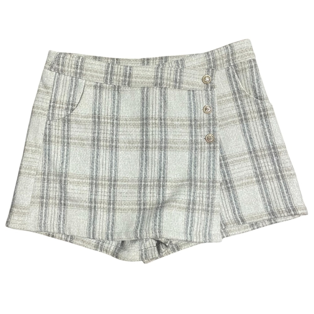 Entro Womens Plaid Skort Shorts Skirt L Layered Look‎ Tan Gray Gold Buttons